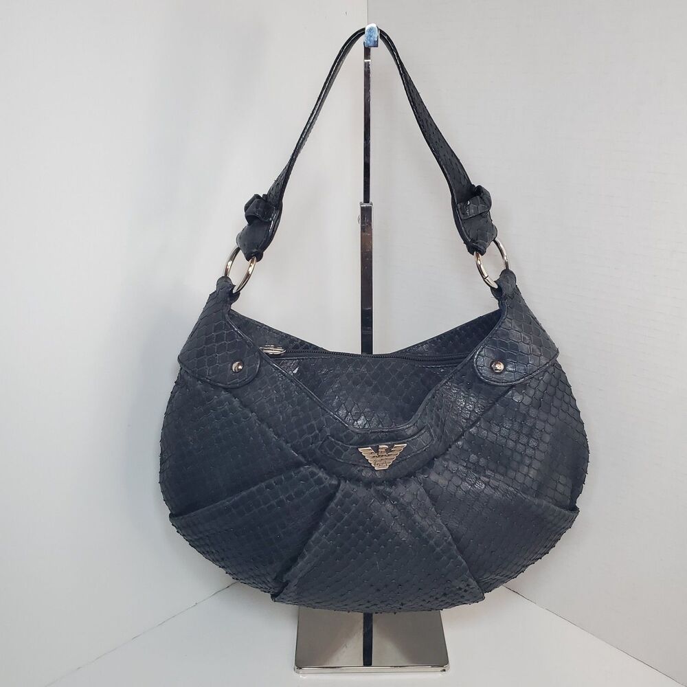 Vtg Emporio Armani Black Leather Hobo Shoulder Bag Purse Faux Python 90s Y2K